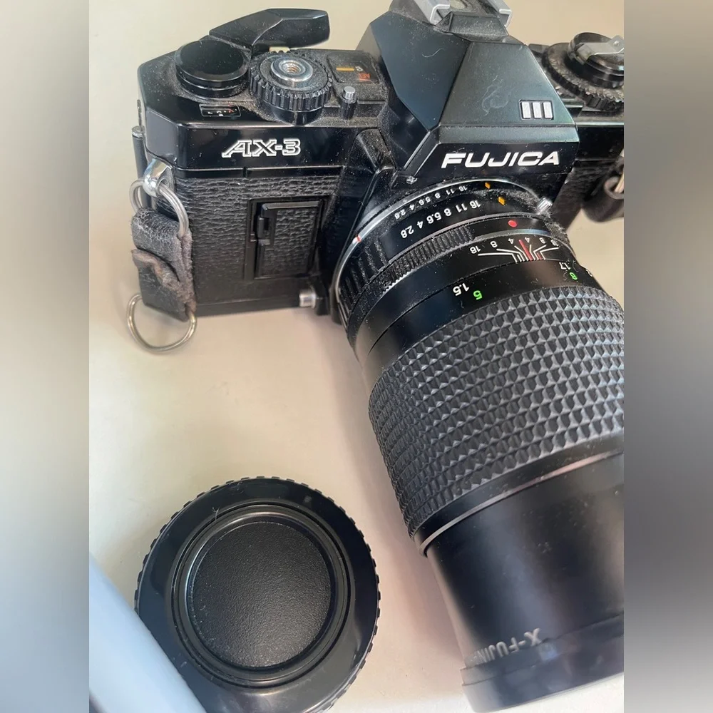 Fujica AX-3 Black & Chrome 35 MM Camera With X-Fujinon 1:1.9 f-50mm FM 3 Lenses